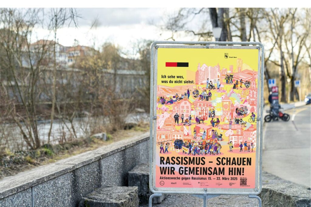 Fluss im Hintergrund, Plakat der Aktionswoche gegen Rassismus 2025.